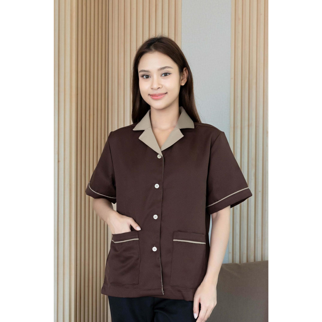 🚛🇹🇭 รุ่นขายดี! เสื้อยูนิฟอร์มแม่บ้าน คอฮาวาย มีกระเป๋า ใส่สบายคล่องตัวทุกการเคลื่อนไหว มี 7 สี S-4XL - รูปที่ 6