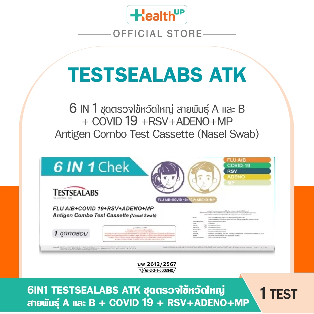 Testsealabs ATK (สีเขียว 1Test) 6in1 ชุดตรวจไข้หวัดใหญ่ สายพันธุ์ A และ B  + COVID 19 + RSV+ADENO+MP
