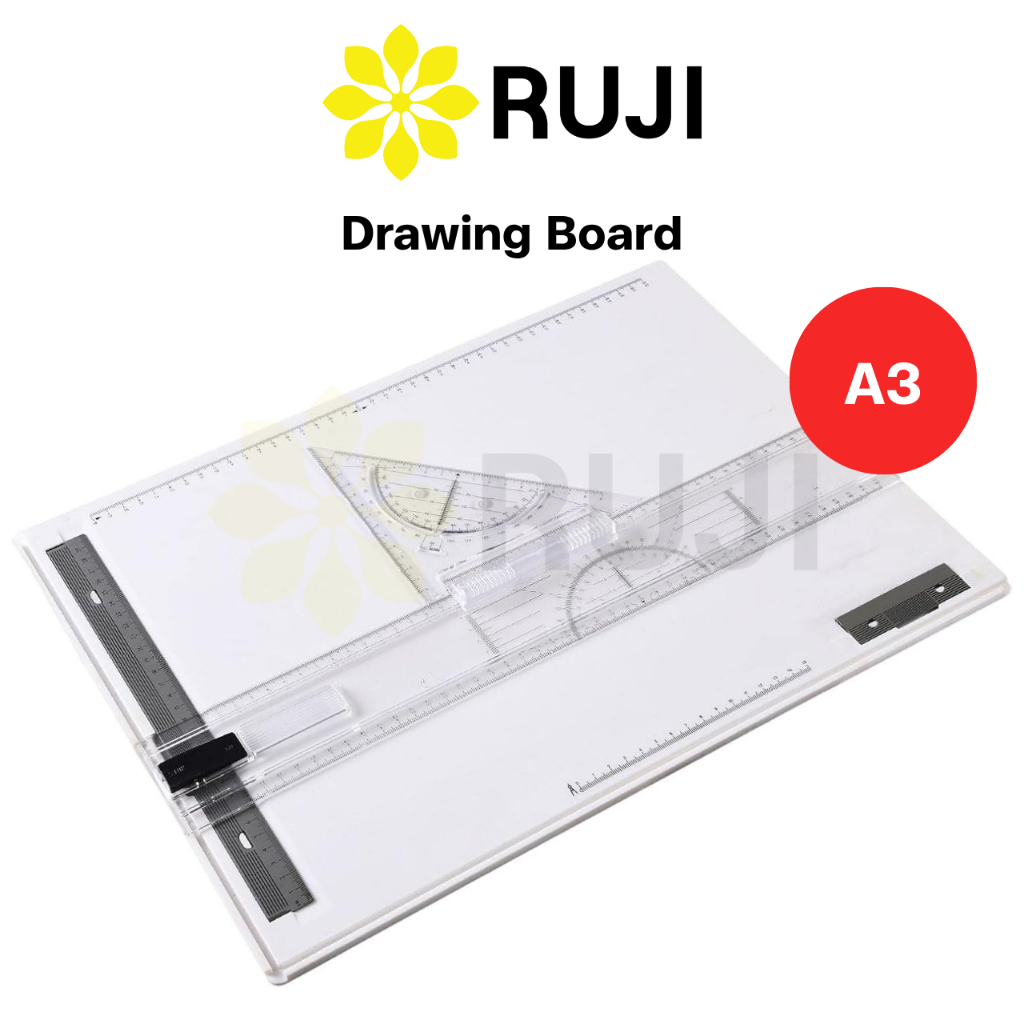 RUJI RJ-DWBA3 กระดานเขียนแบบ A3 มาพร้อมไม้ทีสไลด์ และไม้ฉากสามเหลี่ยม Drawing Board A3 กระดานดร๊าฟ เขียนแบบ Official