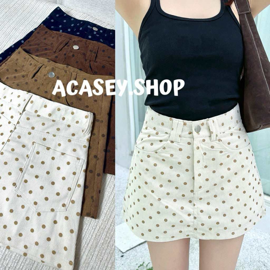 Acasey กระโปรง ตัวสั้น ลูกฟูกลายจุด ซับในผ้าเดียวกัน รุ่น DotDot🤎🧸
