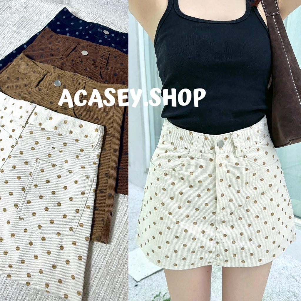Acasey กระโปรง ตัวสั้น ลูกฟูกลายจุด ซับในผ้าเดียวกัน รุ่น DotDot🤎🧸