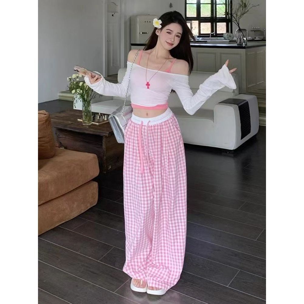 กางเกงแฟชั่นสไตล์ตะวันตก ทรงยอดนิยม กางเกงขายาวลายตารางเอวสูง ทรงหลวม สไตล์เกาหลี สำหรับผู้หญิง - รูปที่ 6