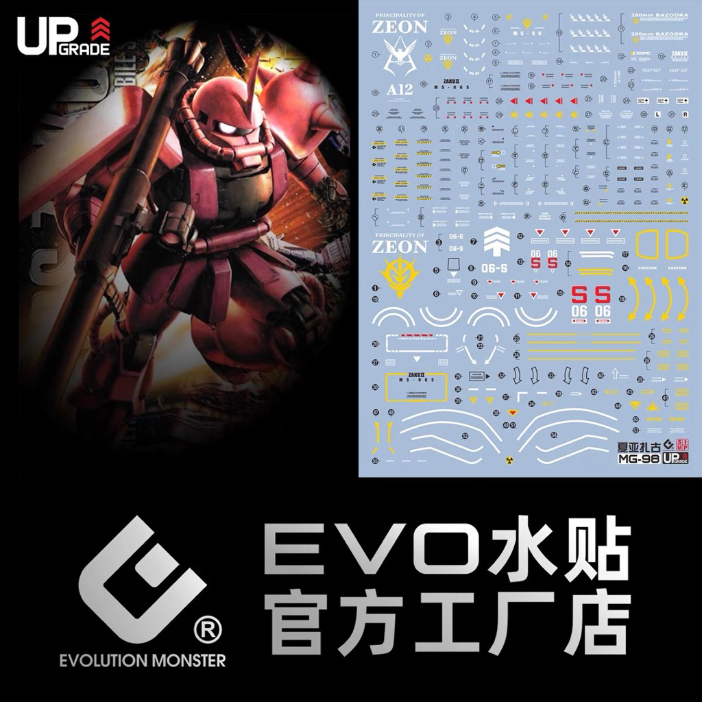 ดีคอลน้ำ DECAL EVO MG 1/100 MS-06S Char's Zaku II Ver. 2.0 รุ่นใหม่ สีสด คมชัดกว่าเดิม สะท้อนแสงแบล็