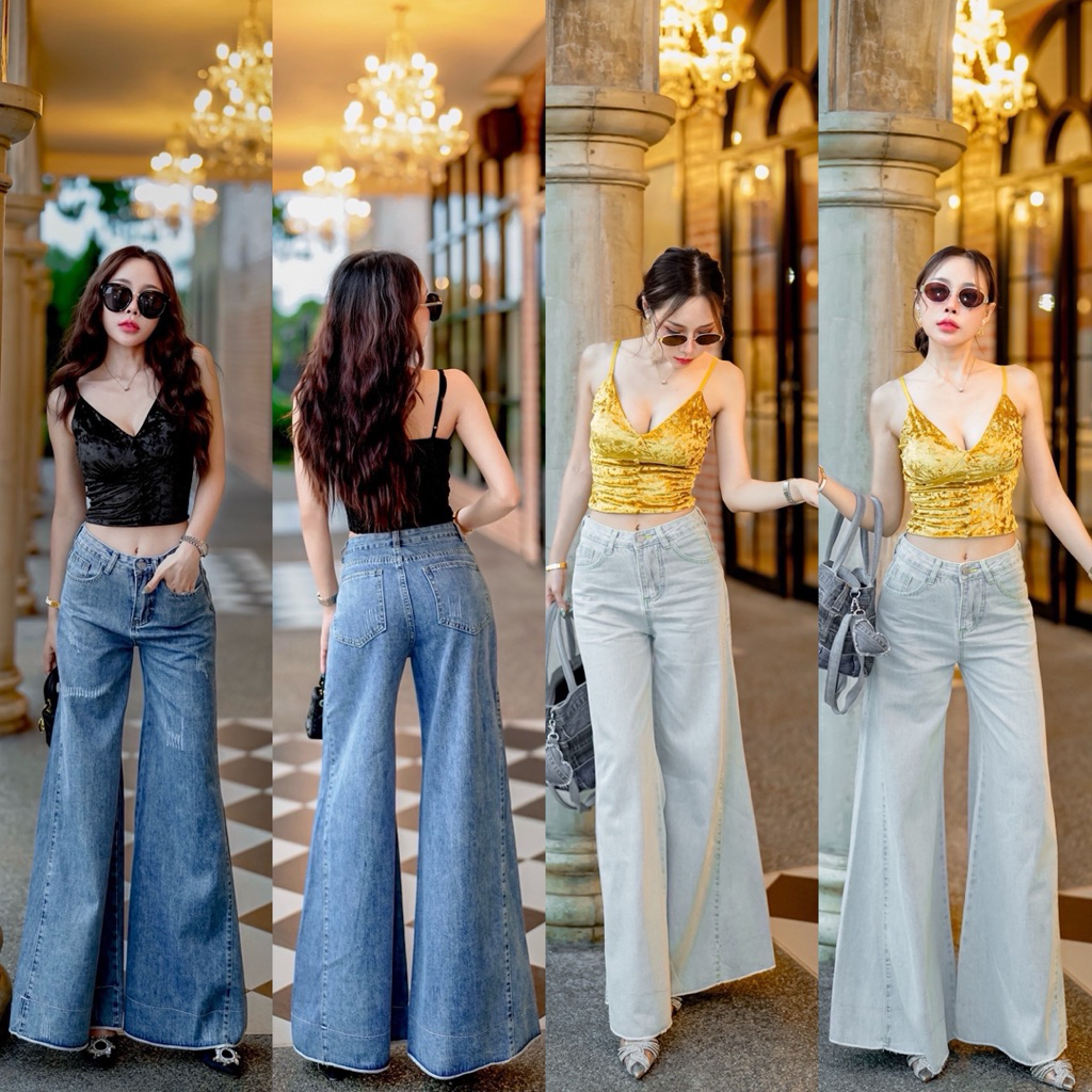 กางเกงยีนส์ขายาว เอวสูง ทรงขาบาน ใส่ได้ลุคทุกวัน