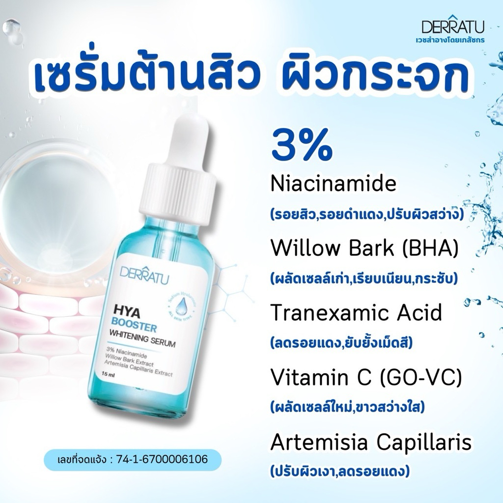 เซรั่มไฮยา ต้านสิว ผิวกระจก DERRATU  กู้หน้าหมองคล้ำ ลดรอยดำรอยแดง ลดจุดด่างดำ ผิวเนียนใส ฉ่ำโกลว์