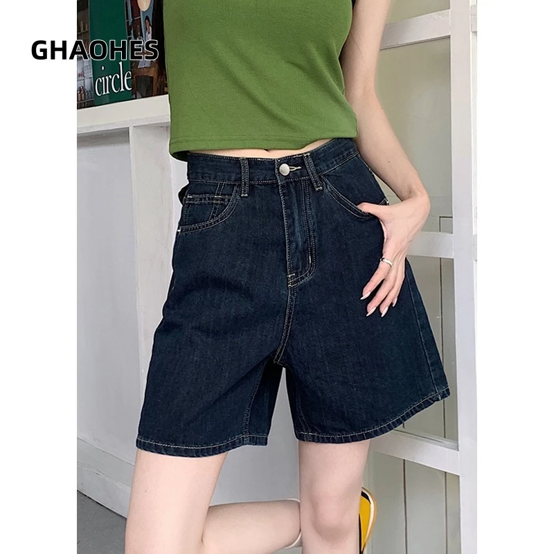 GHAOHES กางเกงยีนส์สั้น วินเทจสีน้ำเงินเข้ม เอวสูงกระบอกตรง ลำลองขนาดใหญ่ ยาว18นิ้ว #6607