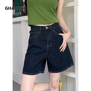 GHAOHES กางเกงยีนส์สั้น วินเทจสีน้ำเงินเข้ม เอวสูงกระบอกตรง ลำลองขนาดใหญ่ ยาว18นิ้ว #6607
