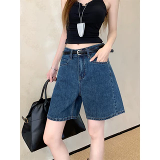 YODO กางเกงยีนส์สั้นทรงA-line สีน้ำเงินวินเทจตัวเล็กเอวสูงดูผอมหลวม กางเกงยาวปานกลาง5ส่วน#6607
