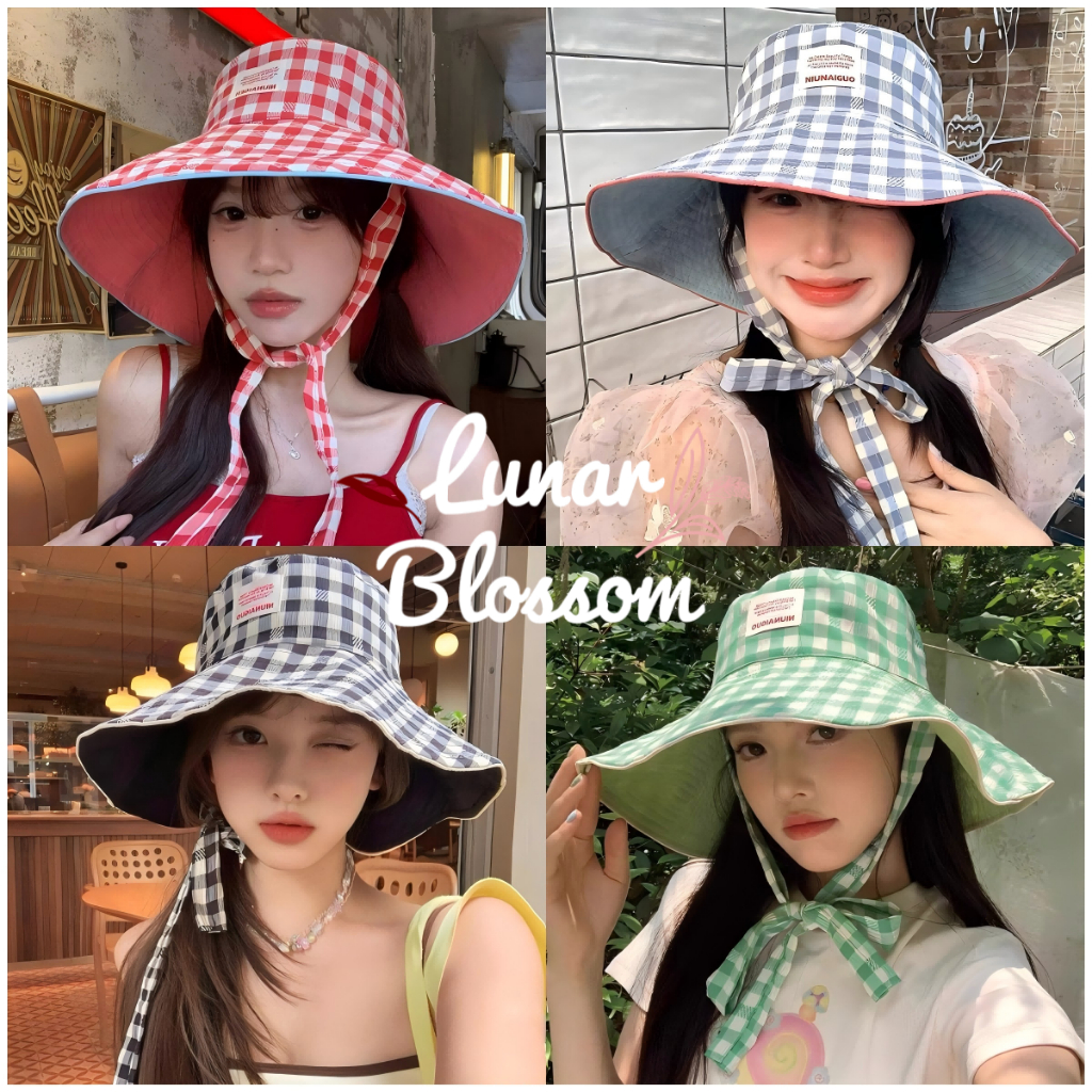 Lunar Blossom👒👒สไตล์เกาหลี รูปแบบการตรวจสอบ🏖️🏖️ หมวกแดด ปีกใหญ่ หลายสี สามารถสวมใส่ได้ทั้งสองด้าน.