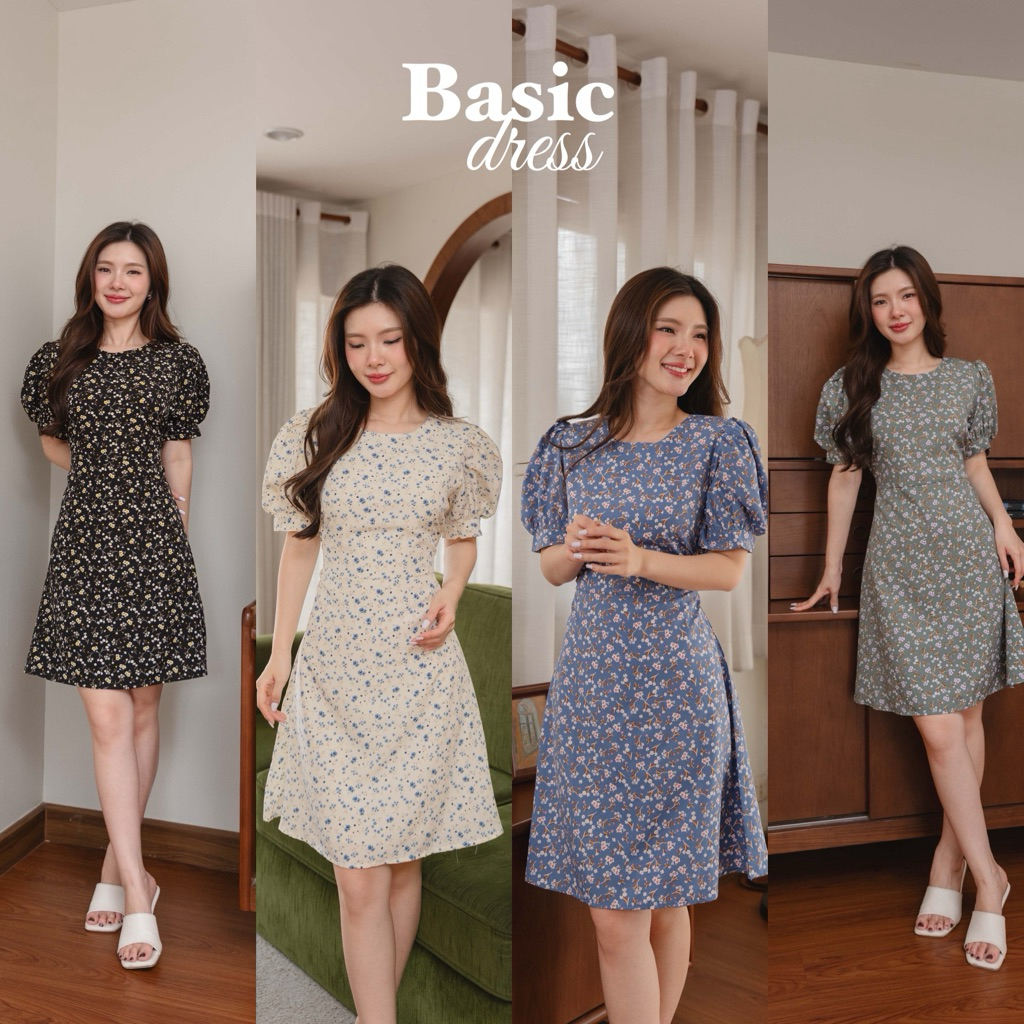 Basic เดรสแขนตุ๊กตา ลายดอกเล็กๆ