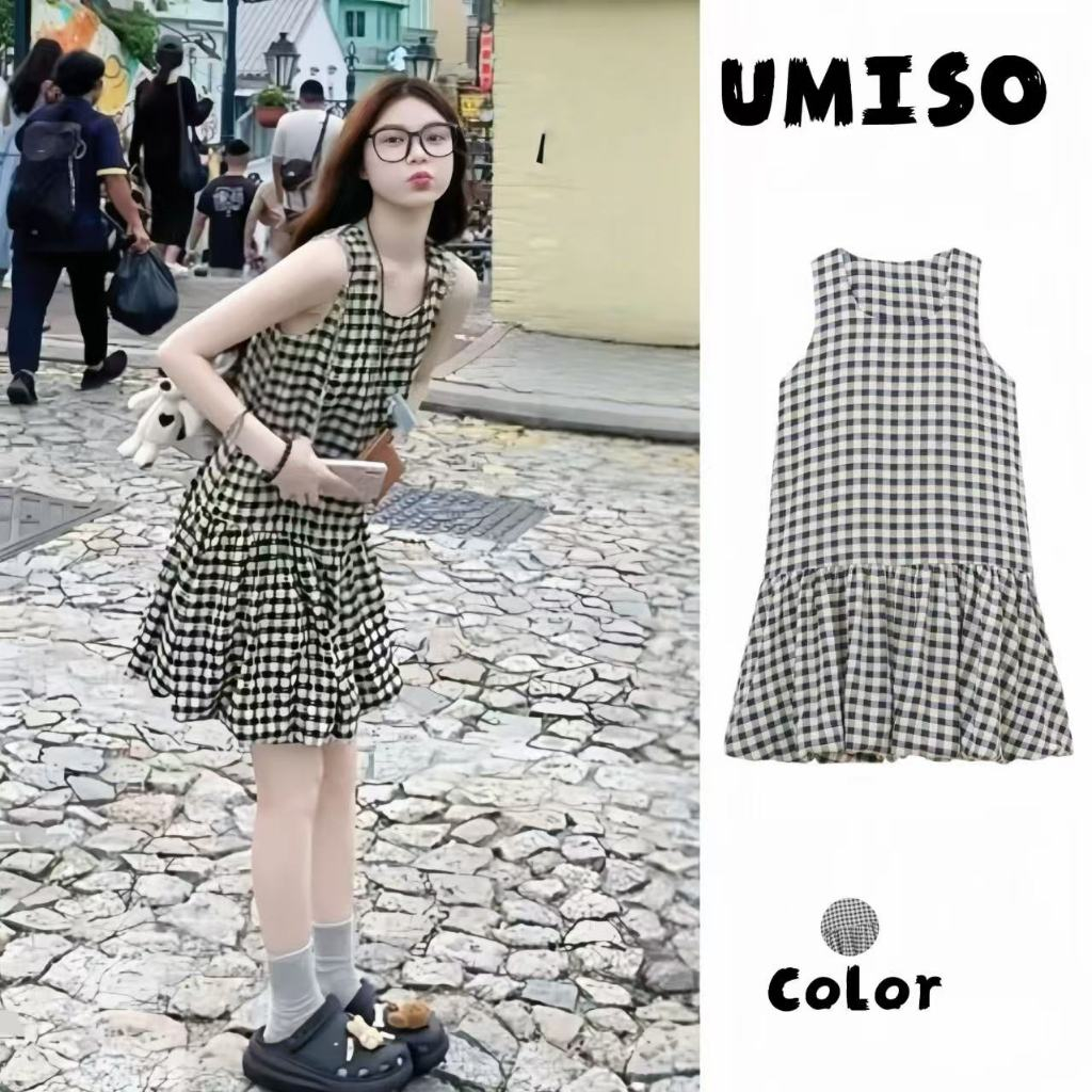 UMISO ชุดเดรสสั้นผู้หญิง  ชุดสวย ชุดเดรสลําลองลายสก๊อต เดรสแฟชั่น