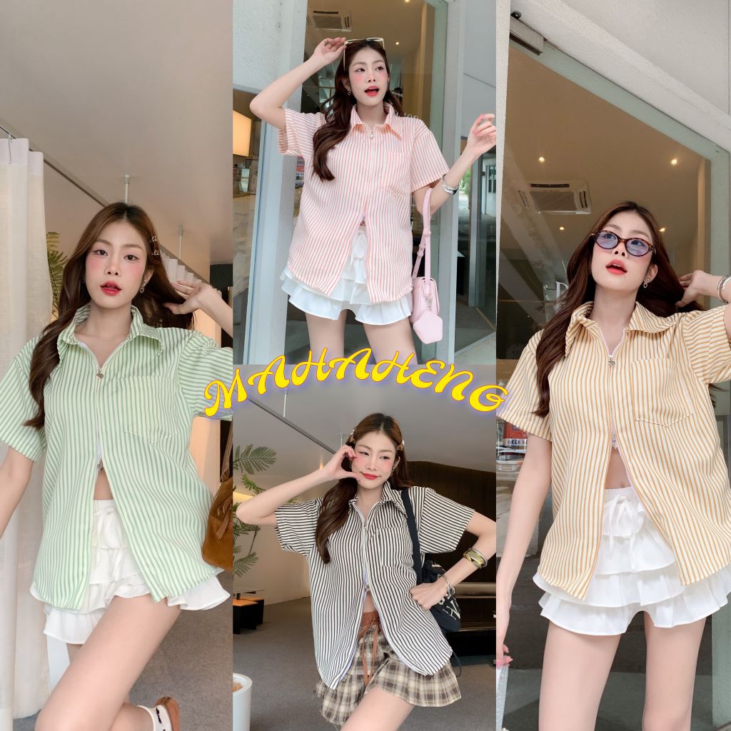 💰MahahengCloset💰เสื้อเชิ้ต ดีเทลแต่งซิป สุดคิ้วท์ ใส่แล้วน่ารักขั้นสุด (ซิปยาวริ้วย่น)