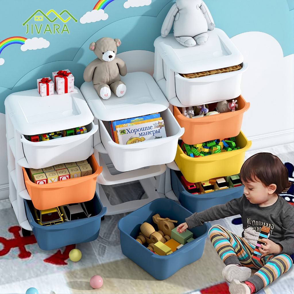 JIVARA กล่องเก็บของ ชั้นวางของ แบบมีล้อเลื่อน ประหยัดพื้นที่ รถเข็นพลาสติก เคลื่อนย้ายสะดวก พร้อมล้อเลื่อน+ที่จับ กันน้ำ