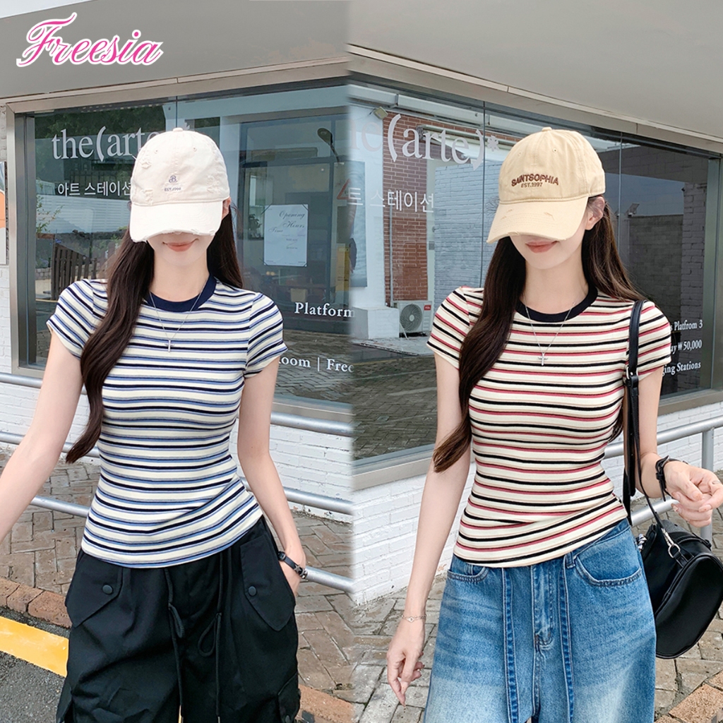 เสื้อยืดผู้หญิง เสื้อยืดลายทาง สายหวาน เรียบง่าย ใส่เที่ยวสวยมาก#92322
