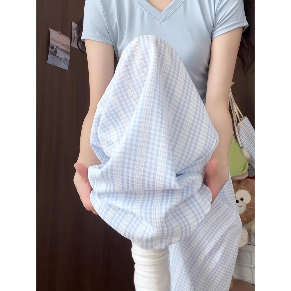 กางเกงผ้าไหมน้ำแข็งลายสก็อตผู้หญิงฤดูร้อนบาง 2025 ใหม่ลำลองตรงเอวสูงขนาดเล็กกางเกงขากว้าง