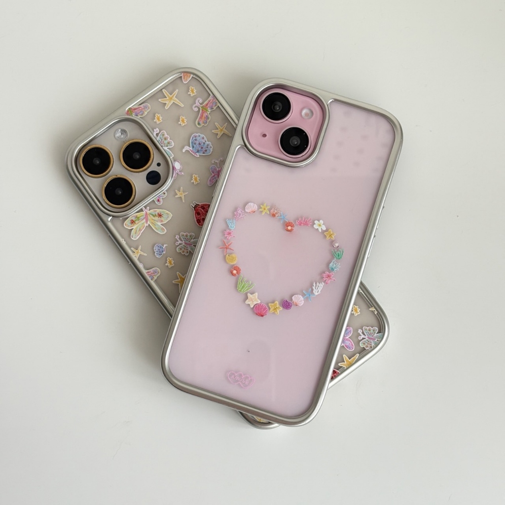 *no restock*อ่านรายละเอียดภาพ2ก่อนสั่ง*amuse stuff-case sea heart&butterfly silver trim เคสหลังใสขอบ