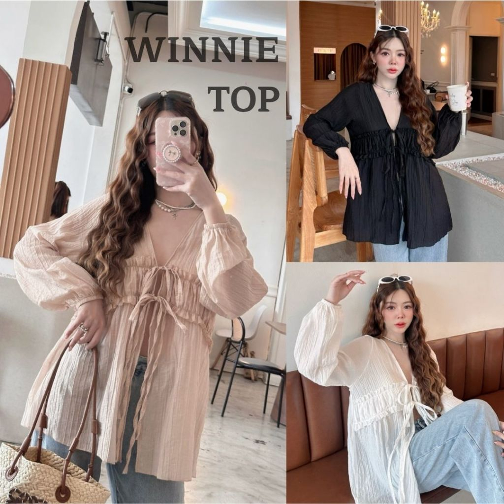 WINNIE : เสื้อแขนยาวตัวยาว เสื้อคอวีแขนยาวแต่งจับอก แต่งผูกโบว์หน้าสีขาว สาวอวบใส่ได้ Sheeny (S022) รูปที่ 3