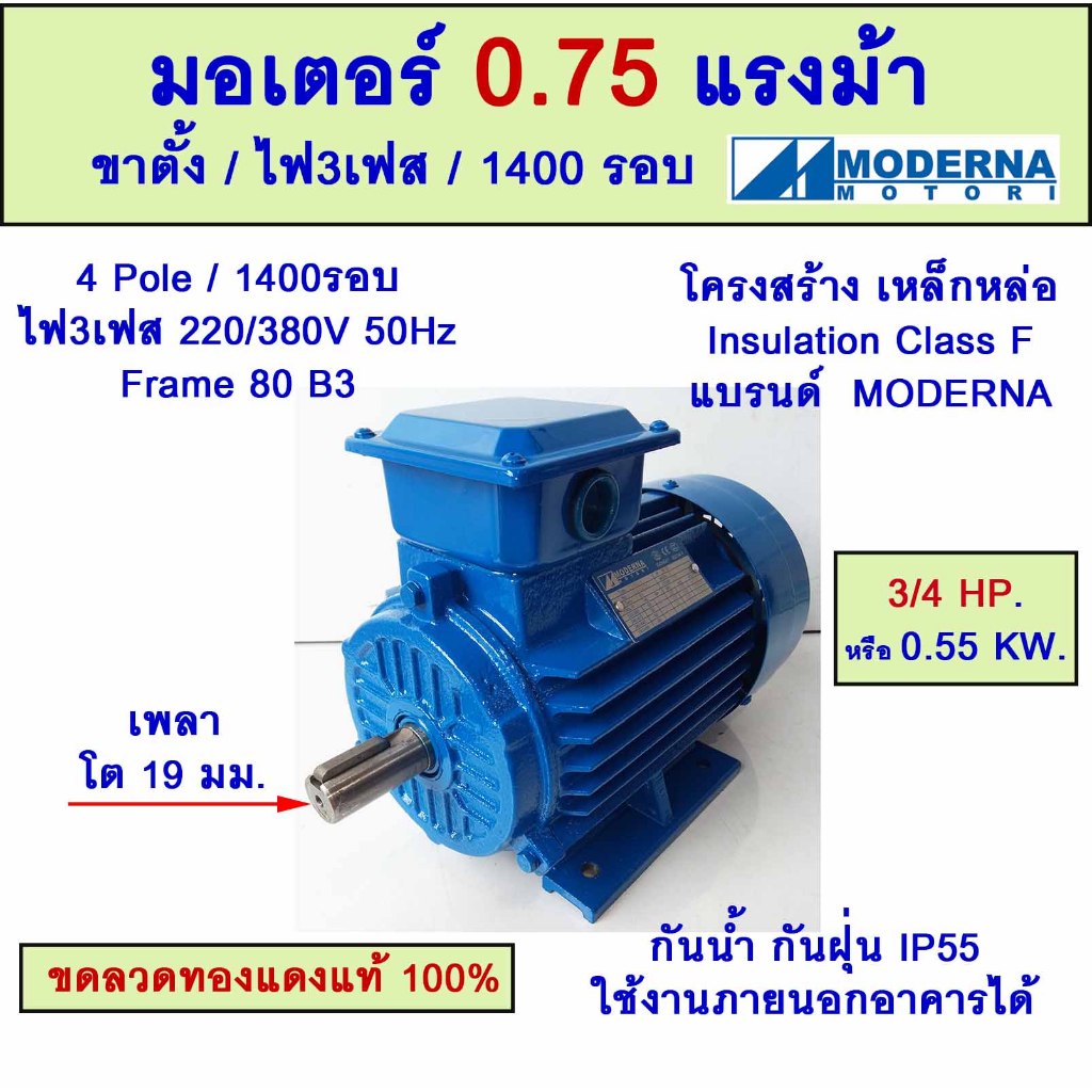มอเตอร์ 0.75แรงม้า ขาตั้ง ไฟ3เฟส 1500 รอบ 3/4HP 0.55KW 4โพล 220/380V Frame80(B3) "MODERNA"