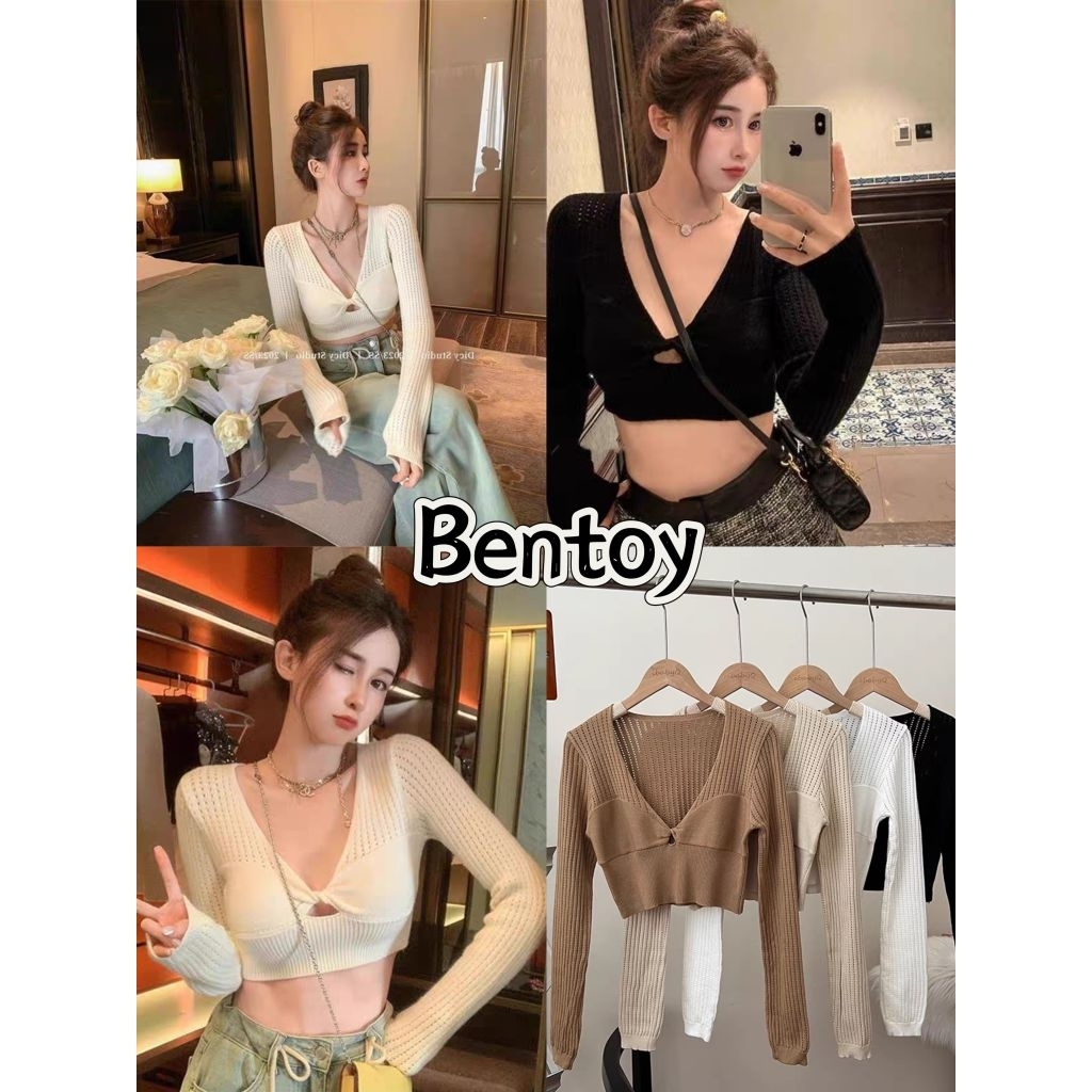 Bentoy (Y9307) เสื้อไหมพรม แขนยาว เสื้อตาข่าย คอวี แต่งทรงโบว์ เสื้อครึ่งตัว ใส่สบาย