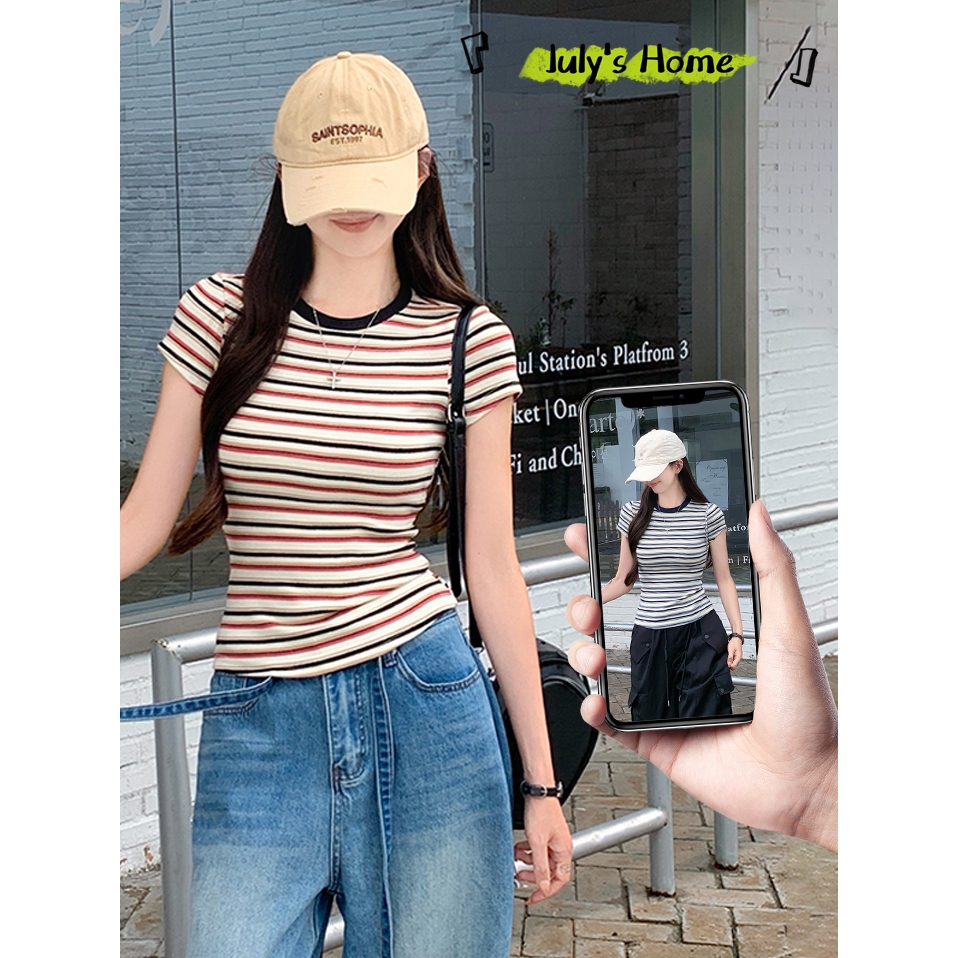 เสื้อยืดเเขนสั้น เสื้อยืดลายทาง ลายสลับสีสวย ลายวินเทจ คอกลม #J2322