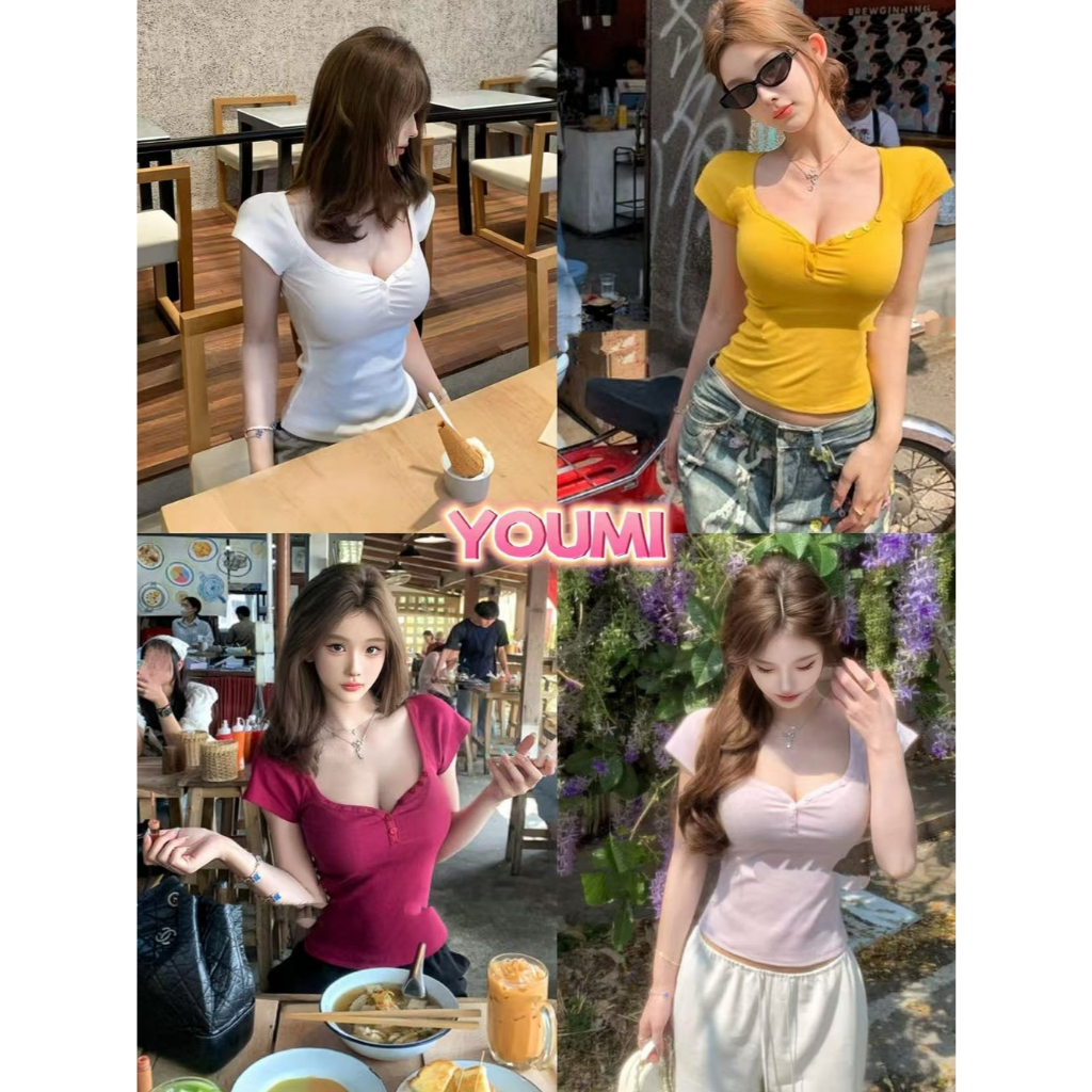เสื้อรัดรูป เสื้อน่ารักผู้หญิง แขนสั้นรัดรูปเซกซี่ สีพื้น 4สี ผ้ายืดรูปทรงสวย สไตล์เกาหลี พร้อมส่งจากกทม