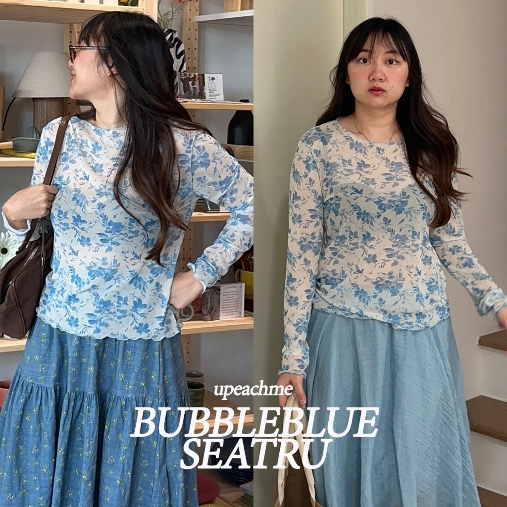 upeachme(A0005) Bubbleblue Seatru [M-XL] เสื้อซีทรูแขนยาวลายดอกไม้สีฟ้า ซีทรูลายดอกไม้ความยาวเต็มตัว เสื้อตาข่าย