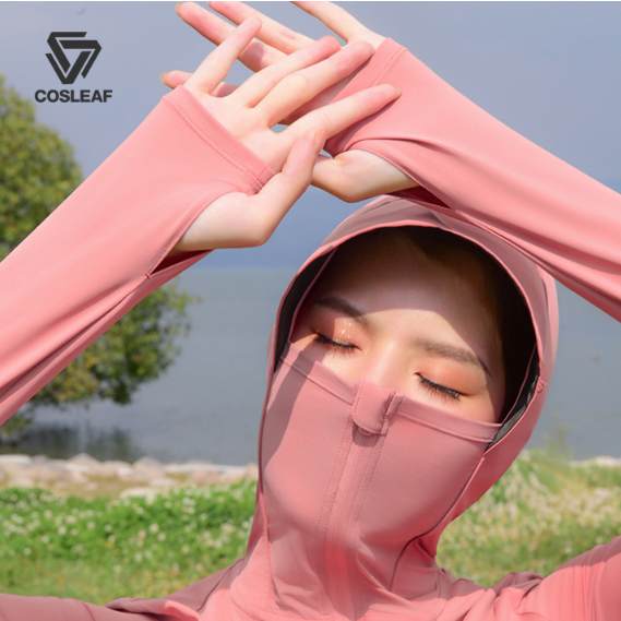 Cosleaf เสื้อแขนยาวสลิมฟิต ก้นแดด UPF50+ มีหมวกเสื้อคลุมครึ่งหน้า ผ้าเย็น ใส่สบาย แห้งไว ต้านกลิ่น  กีฬา/เดินทางกลางแดด