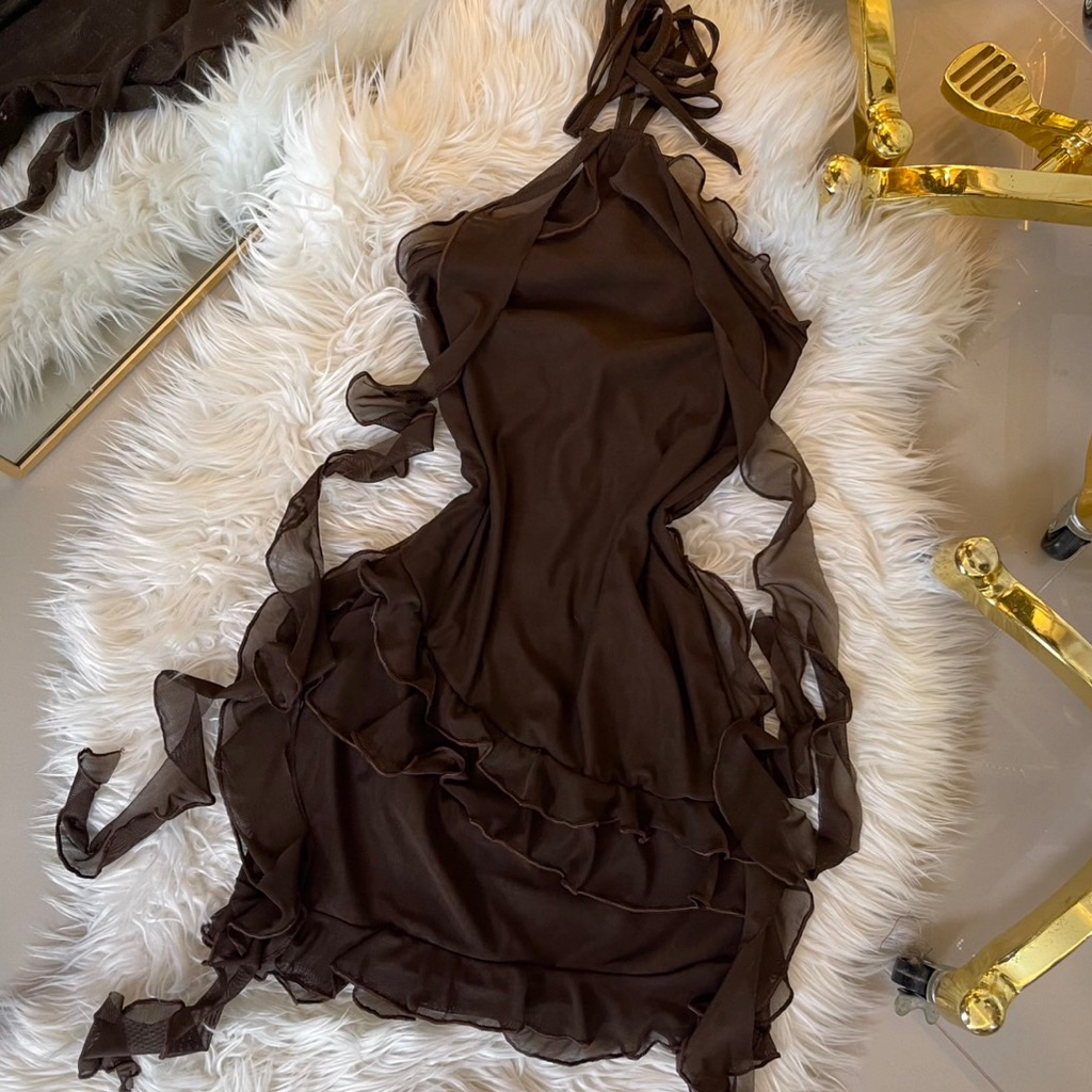 เดรสผูกคอตาข่ายซีทรูแต่งระบาย(สาหร่าย) YN