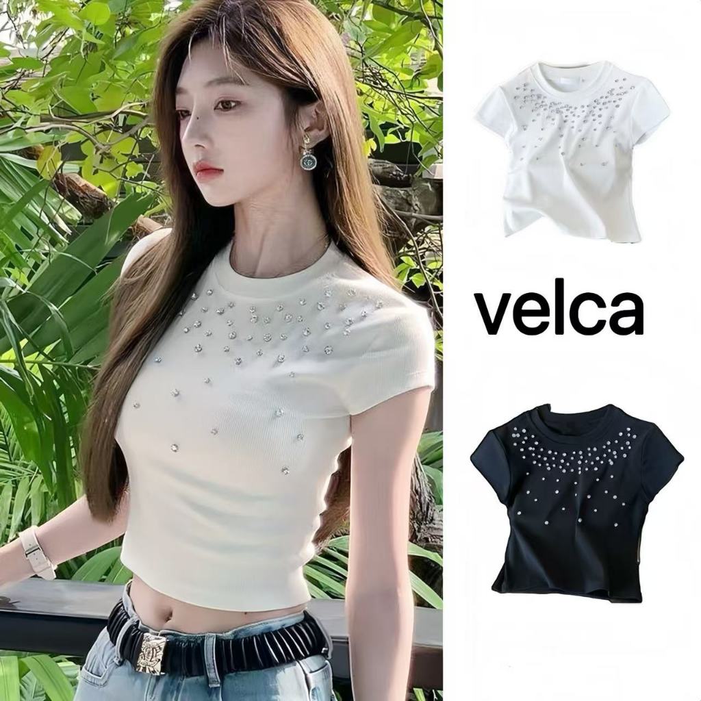 Velca เสื้อยืดแขนสั้น คอกลมประดับเพชร แขนสั้นรัดรูปเซกซี่  2สี ผ้ายืดรูปทรงสวย เเบบสุดฮิต