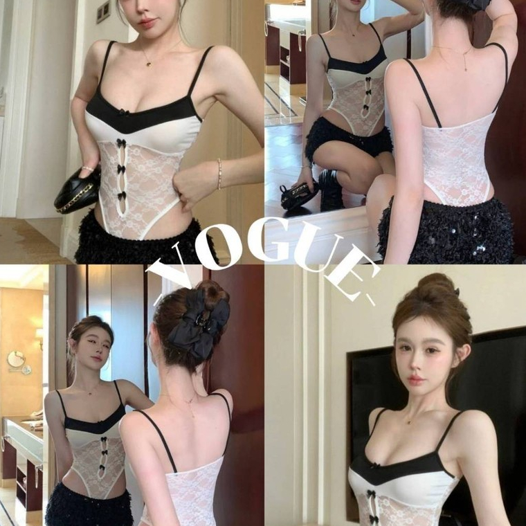 Vogue🌟พร้อมส่ง🌟 เสื้อบอดี้สูท รัดรูป ดีเทลลายลูกไม้ขาวดำเซ็กซี่เบาๆ (FY2045#1)