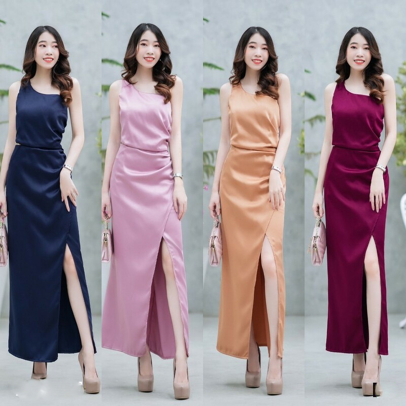 TT16495 MaxiDress แขนกุด ไหล่เฉียง เว้าเอว ผ่าหน้า