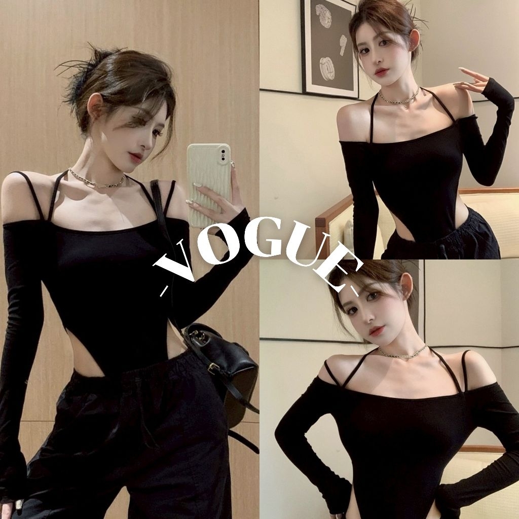 Vogue🌟พร้อมส่ง🌟 เสื้อบอดี้สูท แขนยาวเปิดไหล่ สไตล์มินิมอลรัดรูป (FY2886)
