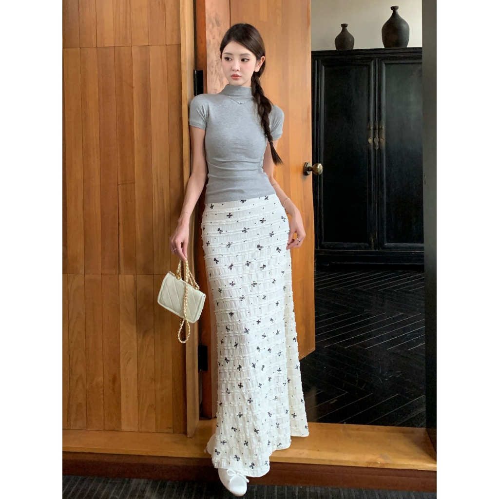 กระโปรง กระโปรงยาว เเต่งลายชั้น ลายโบว์ เอวยืด#3091