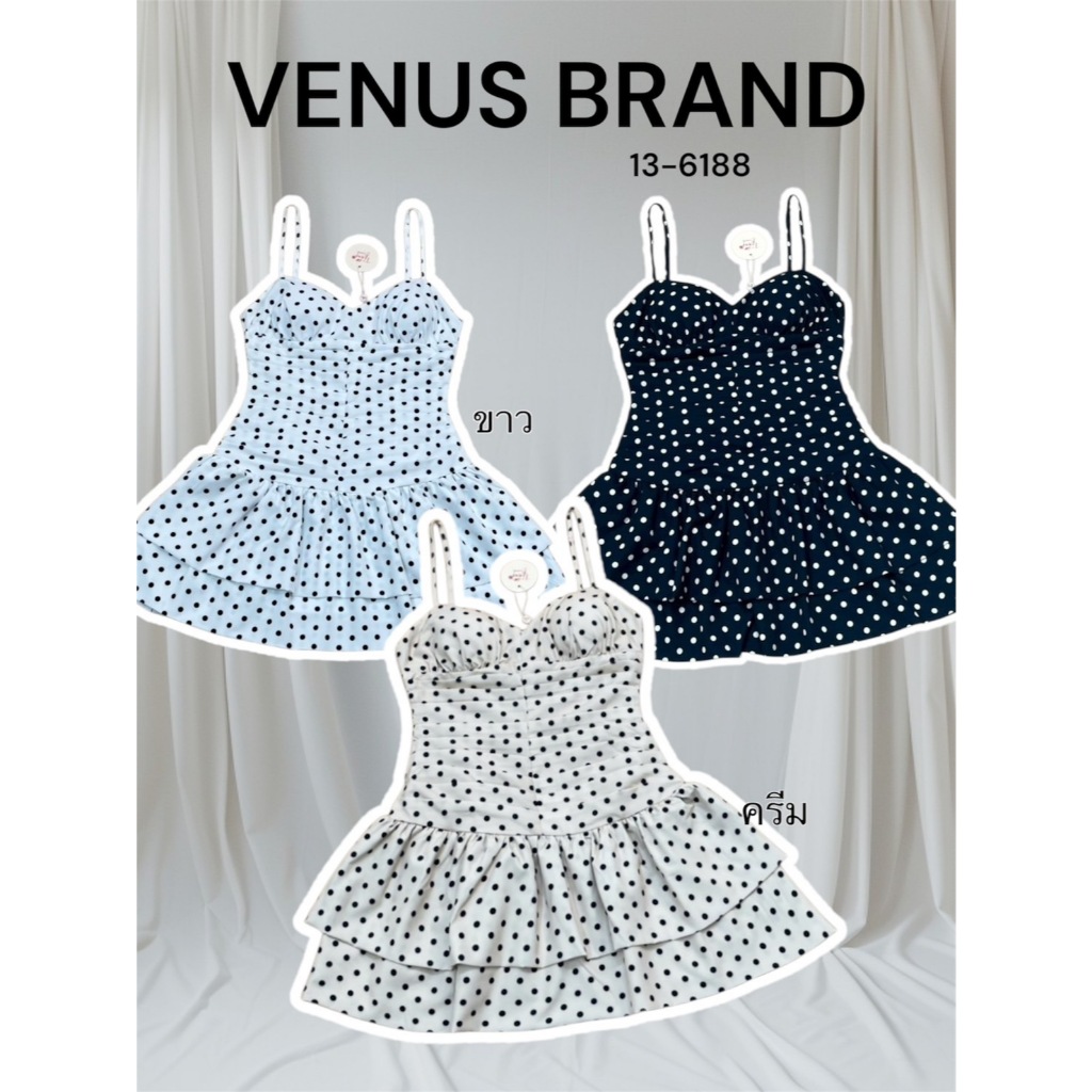 BT 13-6188 ชุดเดรสสั้นสายเดี่ยวสายปรับได้ งานพิมพ์ลาย polkadot แต่งระบาย 2 ชั้น อกเสริมฟองน้ำ