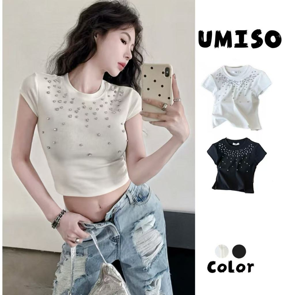 UMISO เสื้อยืดแขนสั้น คอกลมประดับเพชร แขนสั้นรัดรูปเซกซี่  2สี ผ้ายืดรูปทรงสวย เเบบสุดฮิต