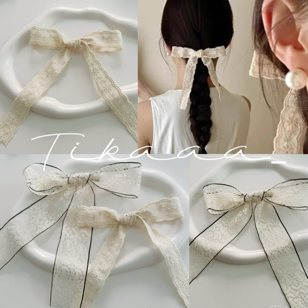 (พร้อมส่งในไทย)🔥Floral Eyelet Ribbon Bow Clip กิ๊บโบว์ริบบิ้นลายลูกไม้ ติดหางม้า ครึ่งหัว 🎀🤍