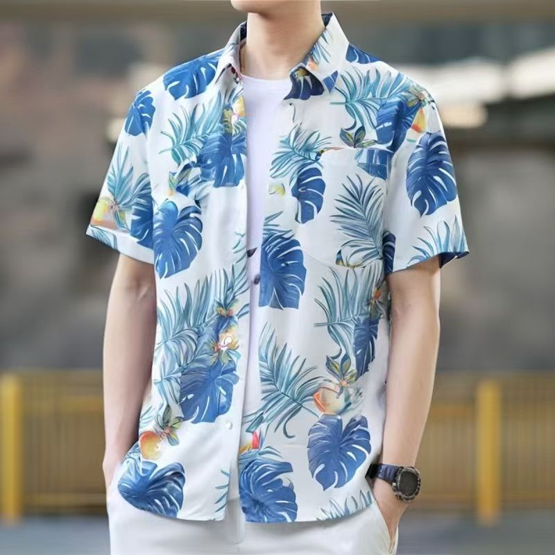 เสื้อฮาวายแขนสั้น ลายดอกส้ม ใส่ได้ทั้งชาย-หญิง ผ้านิ่ม