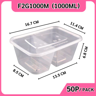 (50ชุด/แพ็ค) กล่องพลาสติกใส่อาหาร 2 ช่องพร้อมฝา วัสดุPP Food Grade เข้าไมโครเวฟได้ รุ่น F2G สีใส ขนาด500,650,750,1000ML