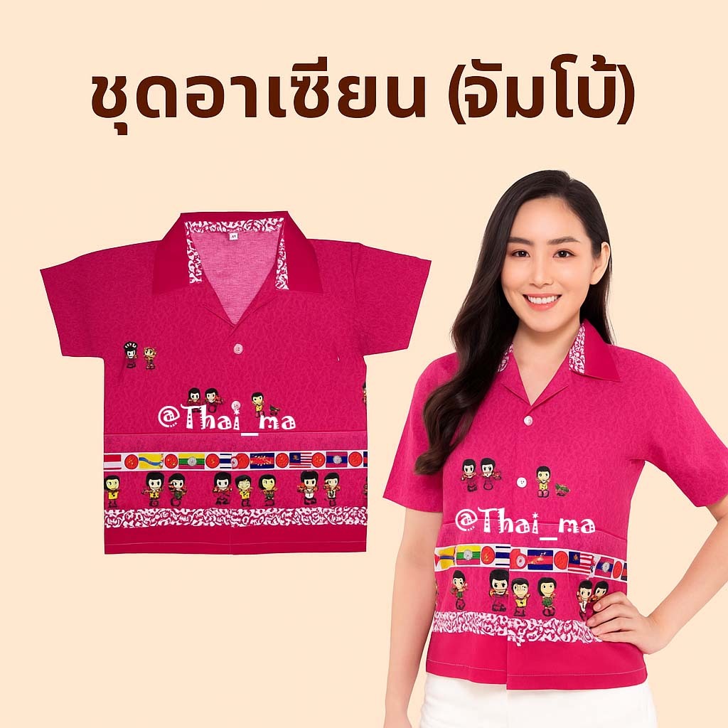 เสื้อเชิ้ตลายอาเซียน จัมโบ้ ขนาดผู้ใหญ่หรือเด็กโต (มีหลายสี) งานพร้อมส่ง