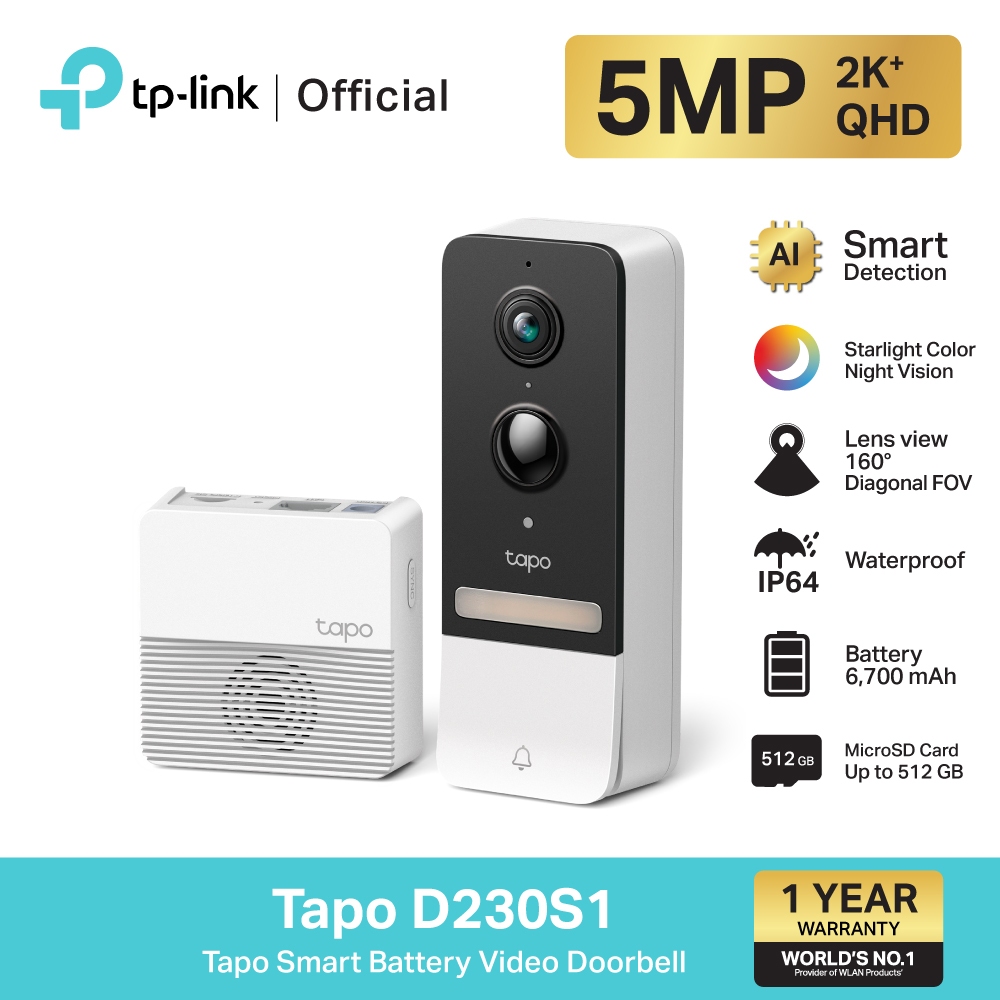 TP-Link Tapo D230S1 Smart Battery Video Doorbell กริ่งประตูอัจฉริยะ กล้อง 2K 5MP ดูและโต้ตอบได้ทันที IP64 ประกัน1ปี