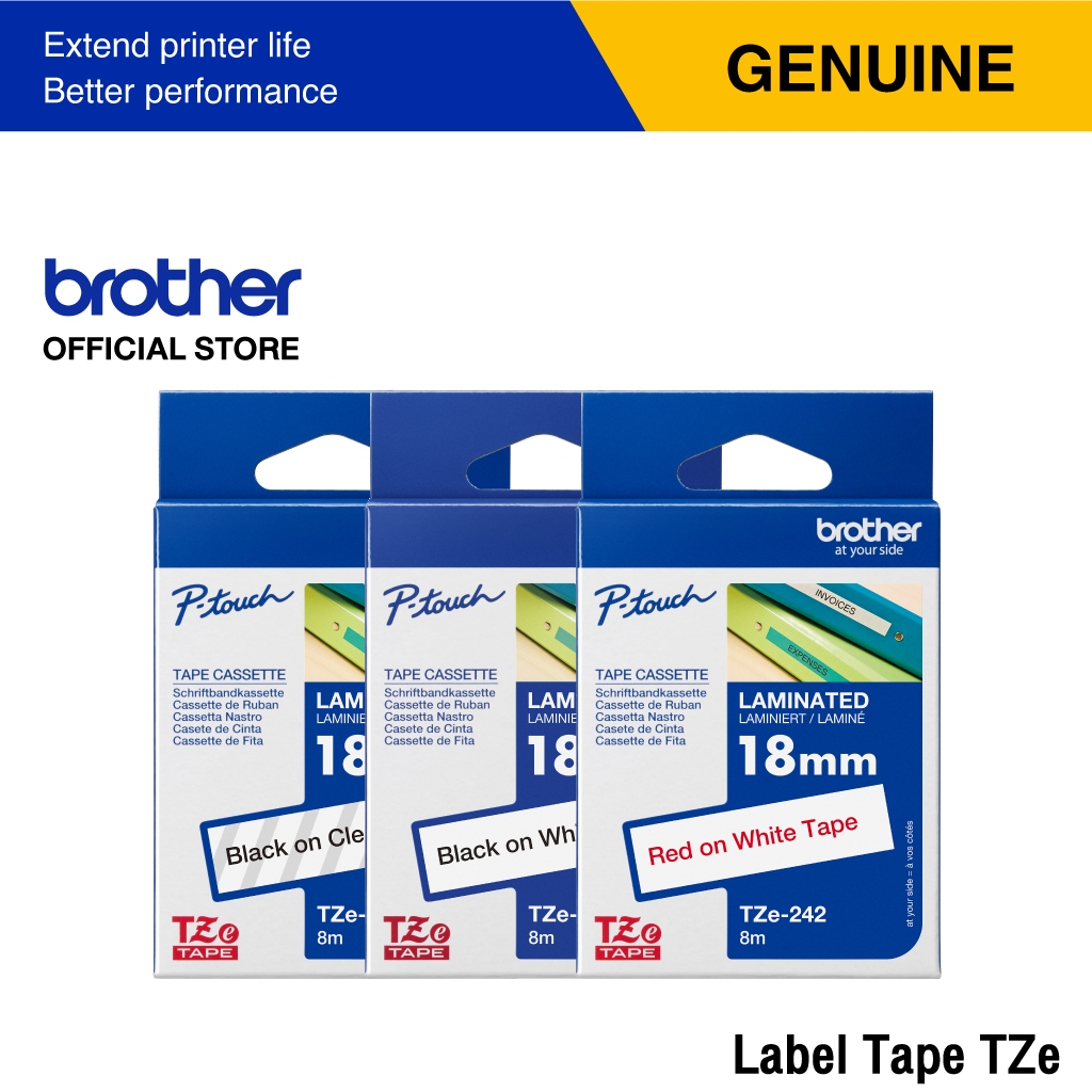 Brother Label Tape TZE เทปพิมพ์อักษร เคลือบพลาสติก เคลือบลามิเนต ขนาด 18 มม. | เทปแท้ กันน้ำ ทนสารเค