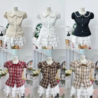 (มีถึงอก40 กด Size2 )เสื้อคอบัวลายจุด เสื้อคอบัว Polka Dot เสื้อคอบัวลายสก็อต💗เสื้อคอบัวสาวอวบ เสื้อผ้าผู้หญิง