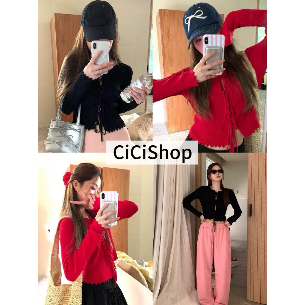 Cicishop(A2779) เสื้อไหมพรมแขนยาว ดีเทลเชือกผูกด้านหน้า ผ้ายืด สไตล์สาวเผ็ชเปรี้ยว