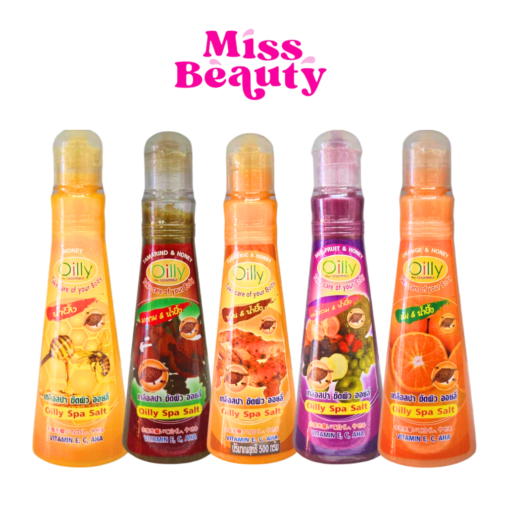 เกลือสปาขัดผิว ออยลี่ เกลือขัดผิว มี 7 สูตร ขมิ้น มะเขือเทศ มะขาม ผลไม้รวม นม น้ำผึ้ง ส้ม Oilly Spa Salt