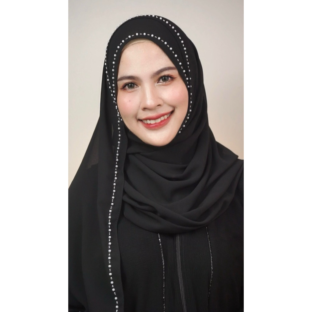 ผ้าคลุมชีฟองปักมุกคริสตัลลายเส้นเดียวพันยาวรุ่น HAWA