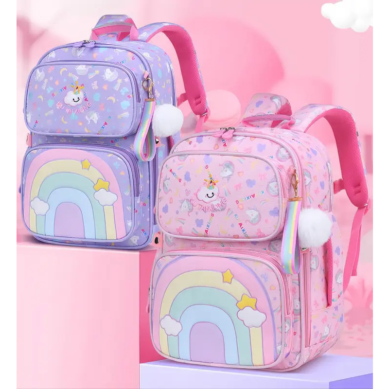 กระเป๋าเป้น่ารักพิมพ์ลายยูนิคอร์นสีรุ้งสำหรับนักเรียนชั้นประถมศึกษา กันน้ำ จุของได้เยอะ น้ำหนักเบา