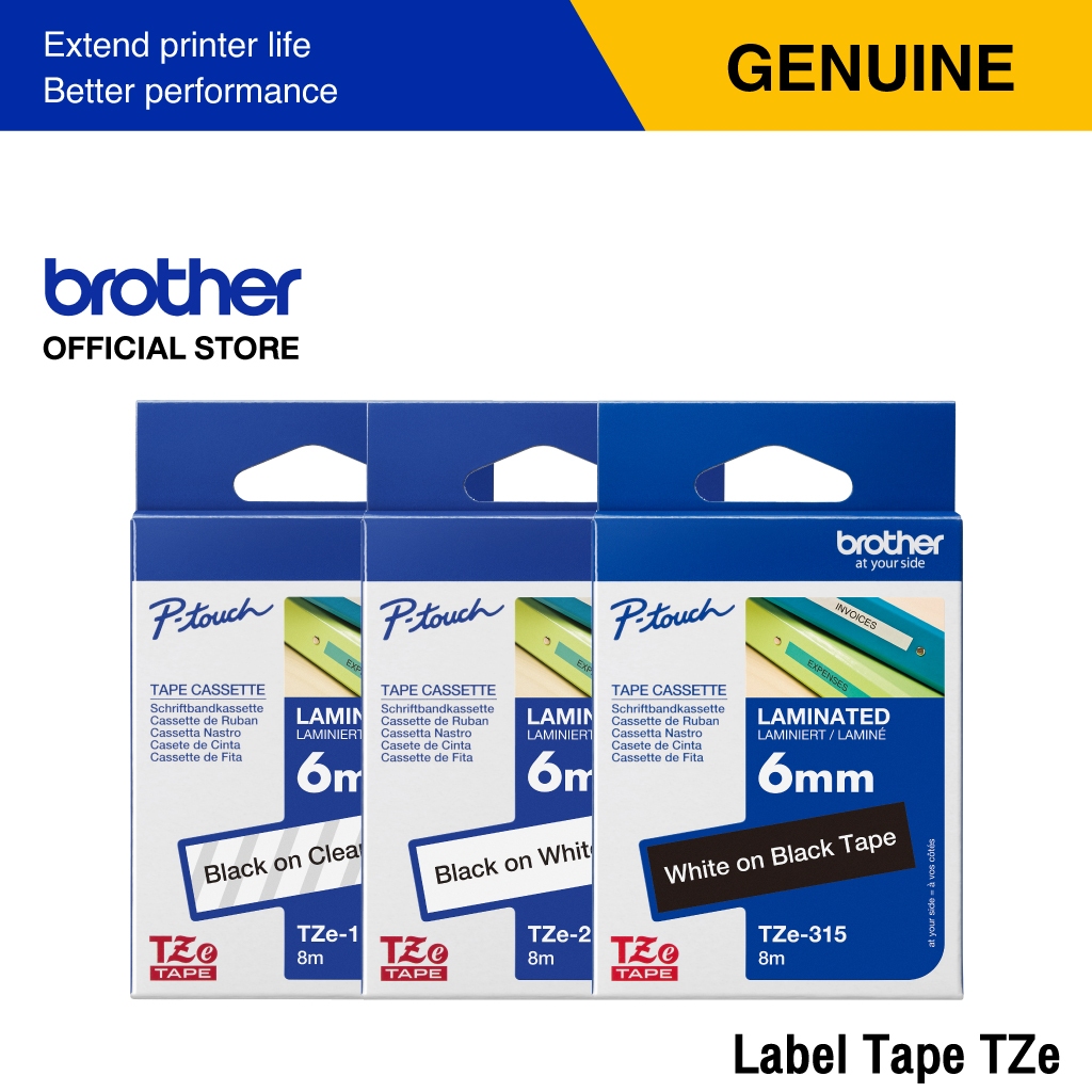 Brother Label Tape TZE เทปพิมพ์อักษร เคลือบพลาสติก เคลือบลามิเนต ขนาด 6 มม. | เทปแท้ กันน้ำ ทนสารเคม