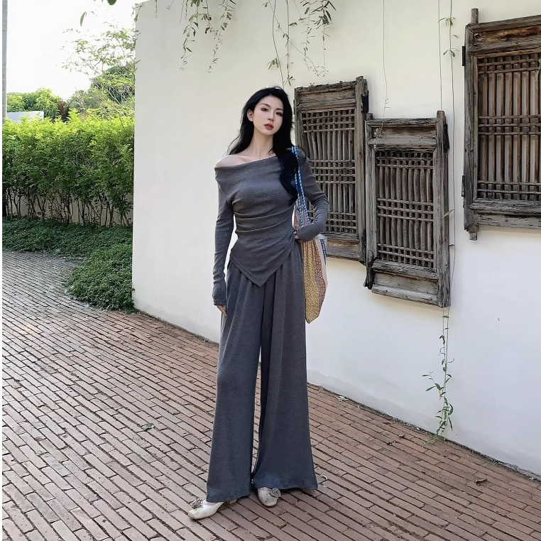 ชุดเซ็ต2ชิ้น สีพื้น / สีดำ เสื้อแขนยาว คอถ่วง จับจีบเอว ชายเสื้อแหลม+กางเกงขายาวยางยืด กระเป๋า2ข้าง #9252 รูปที่ 8