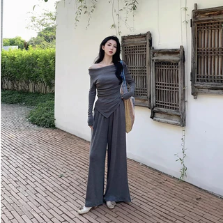ชุดเซ็ต2ชิ้น สีพื้น / สีดำ เสื้อแขนยาว คอถ่วง จับจีบเอว ชายเสื้อแหลม+กางเกงขายาวยางยืด กระเป๋า2ข้าง #9252