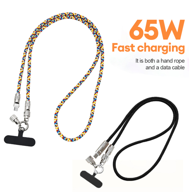 65Wสายข้อมูลอะแดปเตอร์สำหรับการเดินทาง สายเคเบิลข้อมูลโทรศัพท์แบบถักพร้อมสายคล้อง สายชาร์จ 2-in-1 สายเคเบิลข้อมูลชาร์จเร